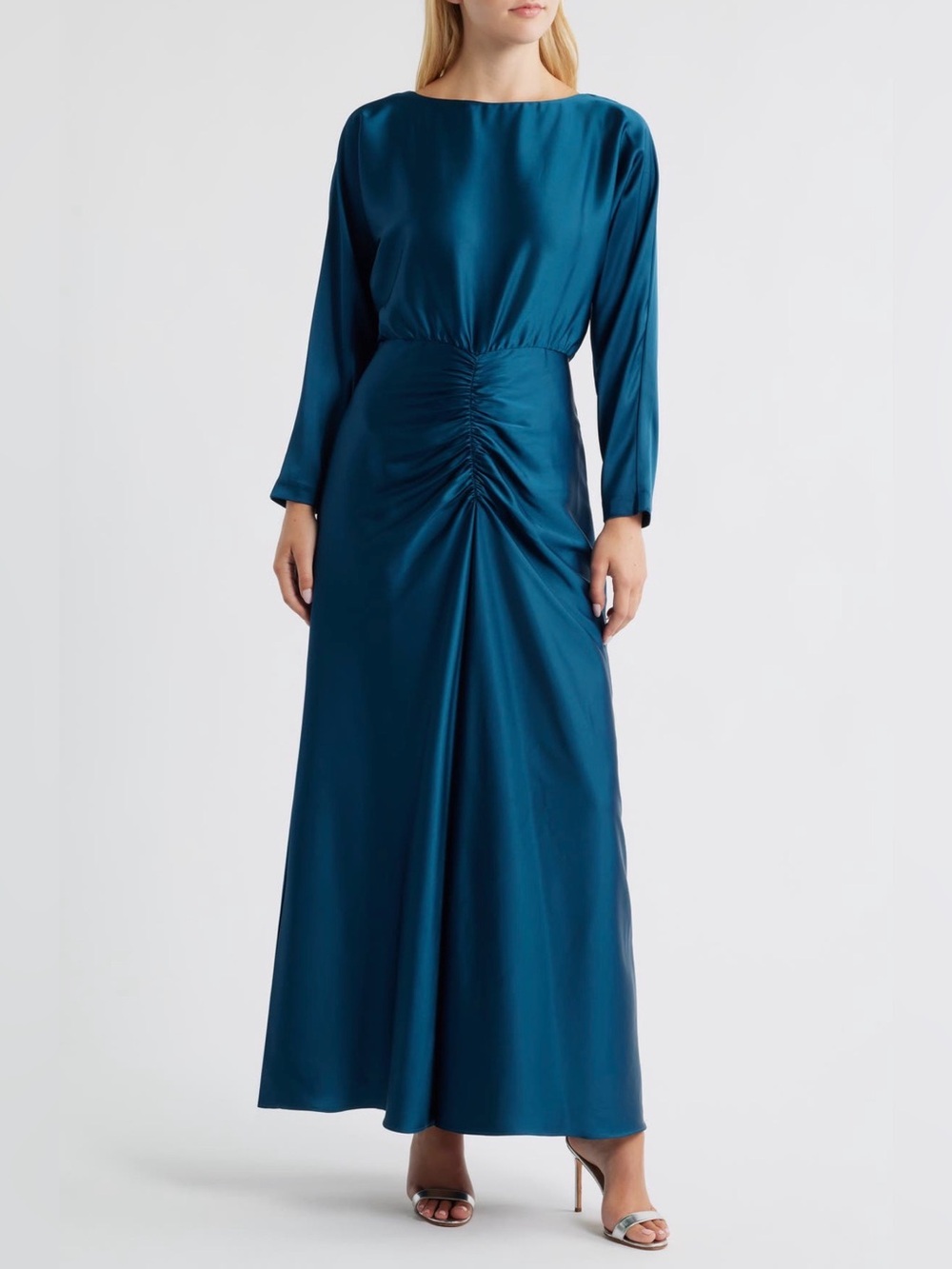 Julia Jordan Teal Long-Sleeve Ruched-Waist Jewel Neck Satin Maxi Dress NWOT 8